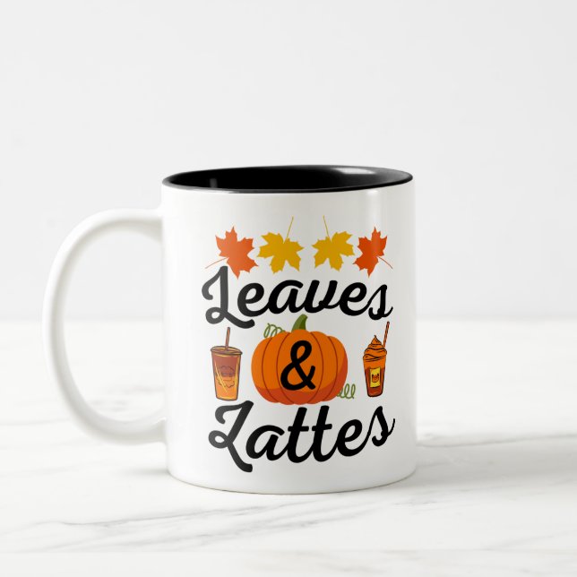 Leaves And Latte Fall Autumn Two-Tone Coffee Mug (Left)