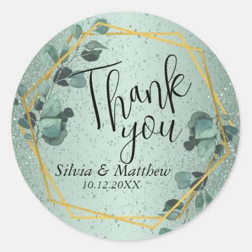 Leaves and Mint Green Glitter _ Thank You   Classic Round Sticker