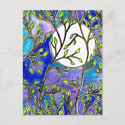 Leaves and Moon _ Blue Watercolors Postcard