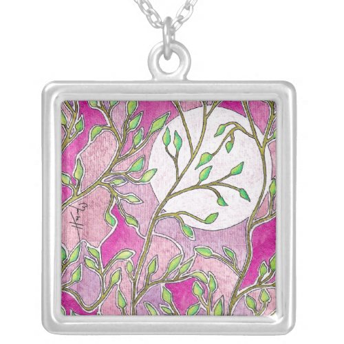 Leaves and Moon - Pink Watercolors Silver Plated Necklace