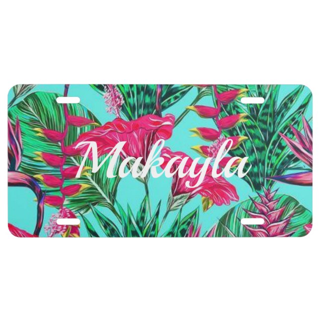 Leaves And Pink Flowers License Plate (Front)