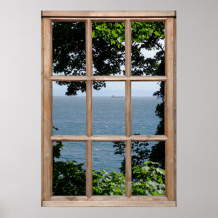 Leaves and Sea View Illusion from a Faux Window Poster