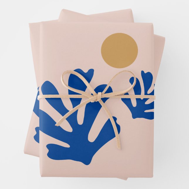 Leaves And Sun Modern Cut Outs Shapes Blue Wrapping Paper Sheets (In situ)