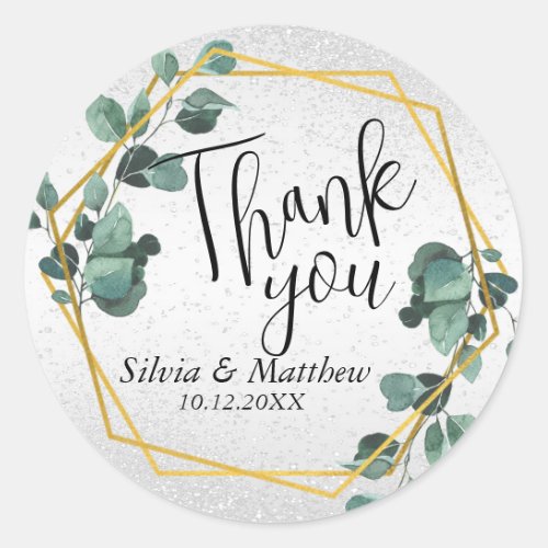 Leaves and White Glitter _ Thank You    Classic Round Sticker