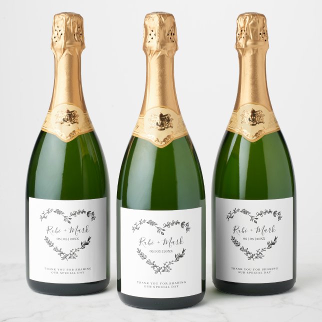 Leaves and Wildflowers  Heart in Black Sparkling Wine Label (Bottles)