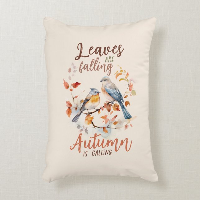 Leaves Are Falling –Whimsical Fall Birds & Foliage Accent Pillow (Front(Vertical))