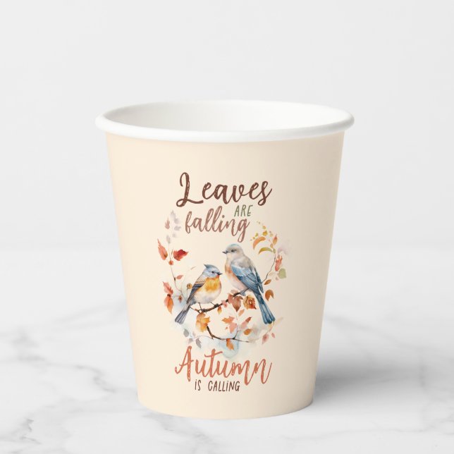 Leaves Are Falling –Whimsical Fall Birds & Foliage Paper Cups (Front)