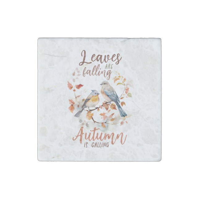 Leaves Are Falling –Whimsical Fall Birds & Foliage Stone Magnet (Front)