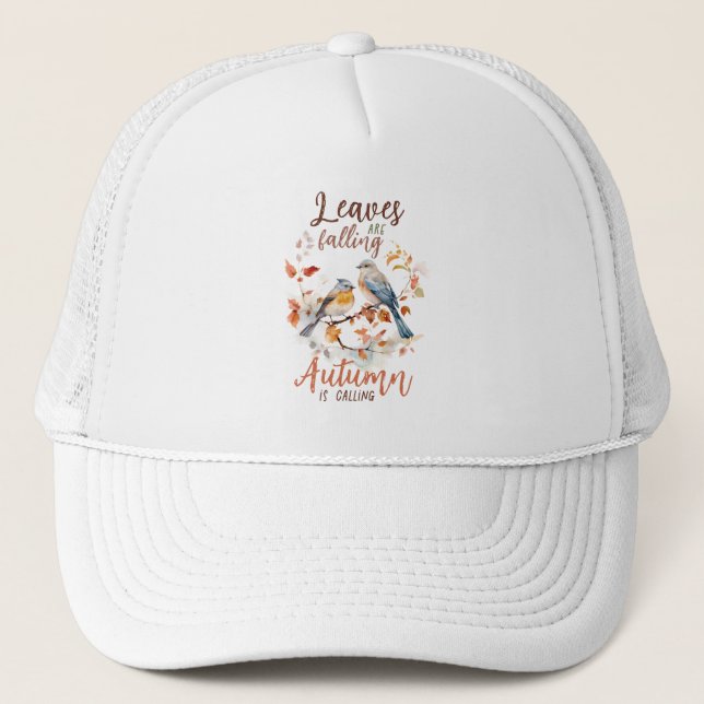 Leaves Are Falling –Whimsical Fall Birds & Foliage Trucker Hat (Front)