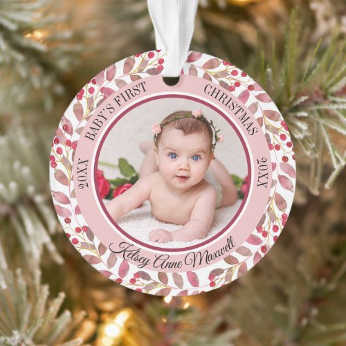 Leaves  Berries Babys First Christmas Photo Orna Ornament