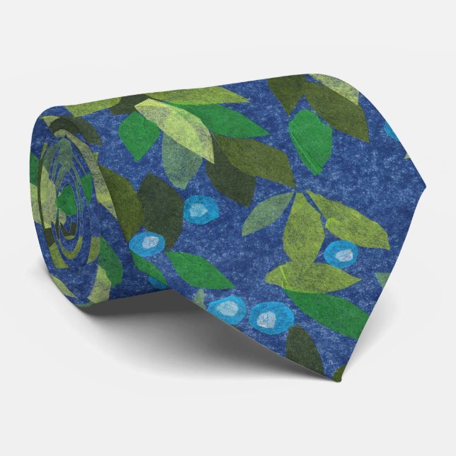 Leaves Berries Minimal Floral Pattern Simple Blue Neck Tie (Rolled)