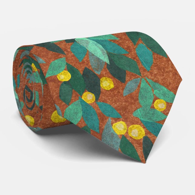 Leaves Berries Minimal Floral Pattern Simple Lemon Neck Tie (Rolled)
