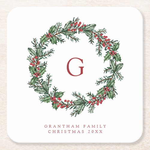 Leaves  Berries Wreath Monogram Family Christmas Square Paper Coaster