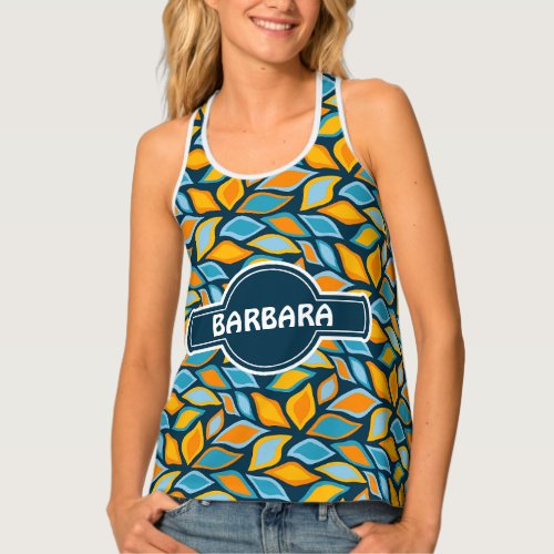 Leaves Blue Orange Minimal Pattern Tank Top