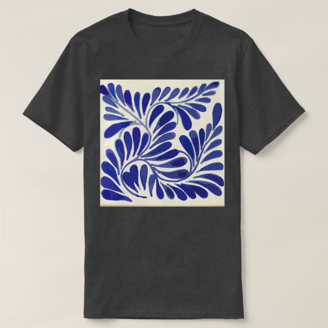 Leaves branch cobalt blue talavera tile clay inter T-Shirt (Design Front)