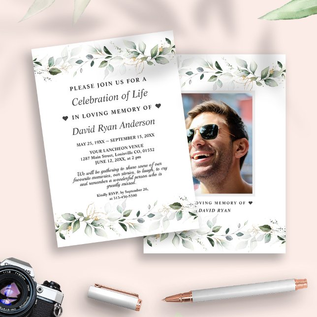 Leaves Celebration of Life Photo Funeral Memorial Invitation (trendy greenery man celebrating the life invitation, elegant photo celebrating the life invite)