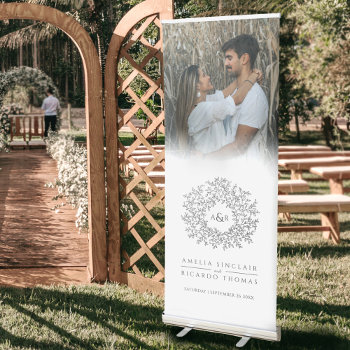 Leaves Circle Charcoal Gray White Wedding Photo Retractable Banner by mylittleedenweddings at Zazzle