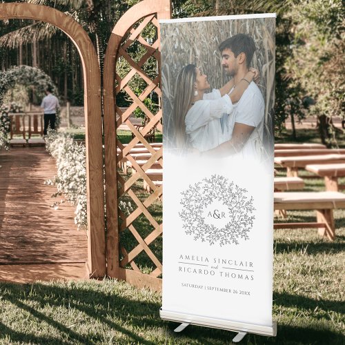 Leaves circle charcoal gray white wedding photo retractable banner