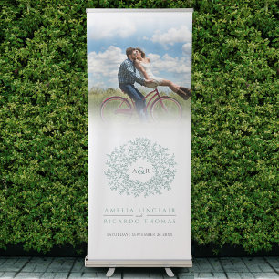 Leaves circle sage green and white wedding photo retractable banner