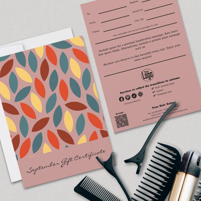 Leaves Colorful September Gift Certificate (Leaves Colorful September Gift Certificate, Professional QR Code, Logo, Social, Note)