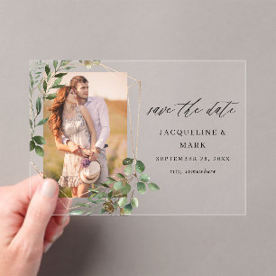 Leaves & Eucalyptus Gold V Photo Save the Date Acrylic Invitations
