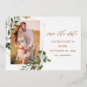 Leaves & Eucalyptus Gold V Photo Save the Date Foil Invitation