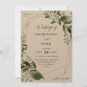 Leaves & Eucalyptus Gold Wedding Kraft Invitation