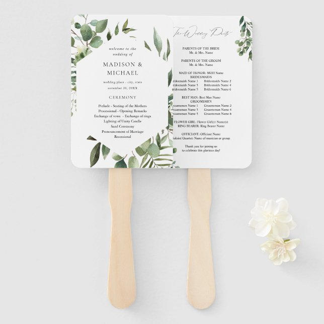 Leaves& Eucalyptus Rustic Wedding Program Hand Fan (Front and Back)