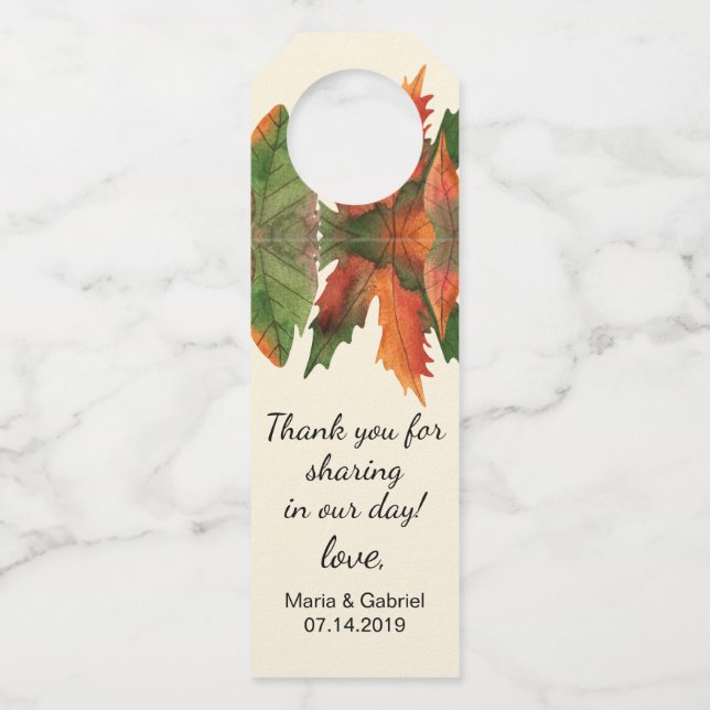 Leaves fall. Autumn stylish wedding Bottle Hanger  (Front)