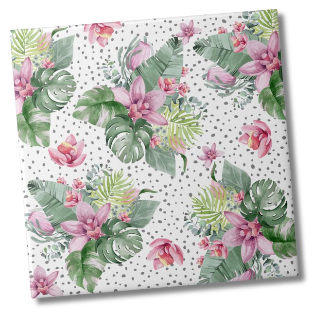 Leaves Floral Tropical Pattern Ceramic Tile (Cute Trendy Dot Floral Watercolor Tropical Pattern Ceramic Tile)