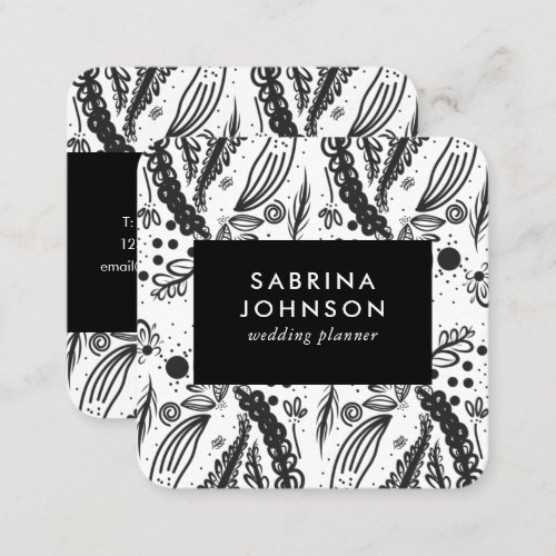 leaves flowers polka dots pattern black white square business card