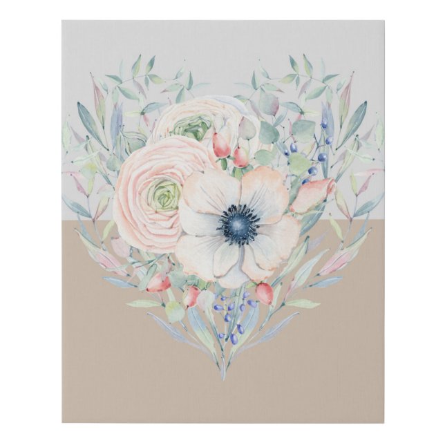 Leaves & Flowers Watercolor Heart Faux Canvas Print (Front)