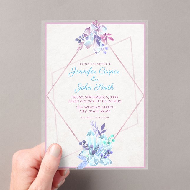 Leaves & Gem Diamond Geometric Modern Wedding Acrylic Invitations (Insitu (Handheld))