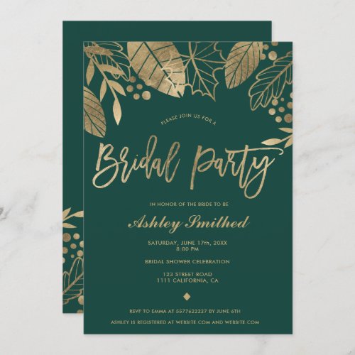 Leaves gold emerald green modern bridal shower inv invitation