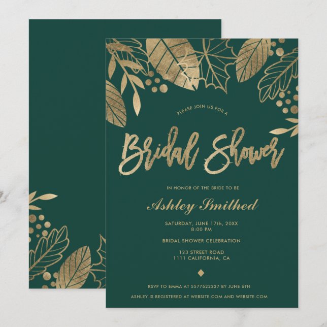 Leaves gold emerald green modern bridal shower invitation (Front/Back)