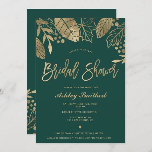 Leaves gold emerald green modern bridal shower invitation