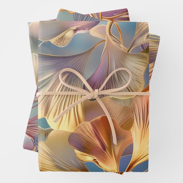 Leaves Gold Pink Blue Wrapping Paper Sheets (In situ)