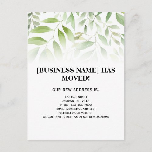 Leaves Greenery Business Moving Announcement Postcard