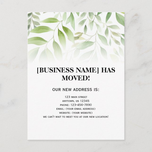 Leaves Greenery Business Moving Announcement Postcard (Front)