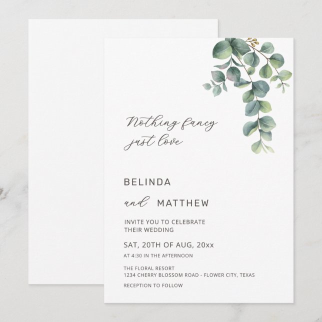 Leaves Greenery Watercolor Flowers Casual Wedding Invitation (Front/Back)