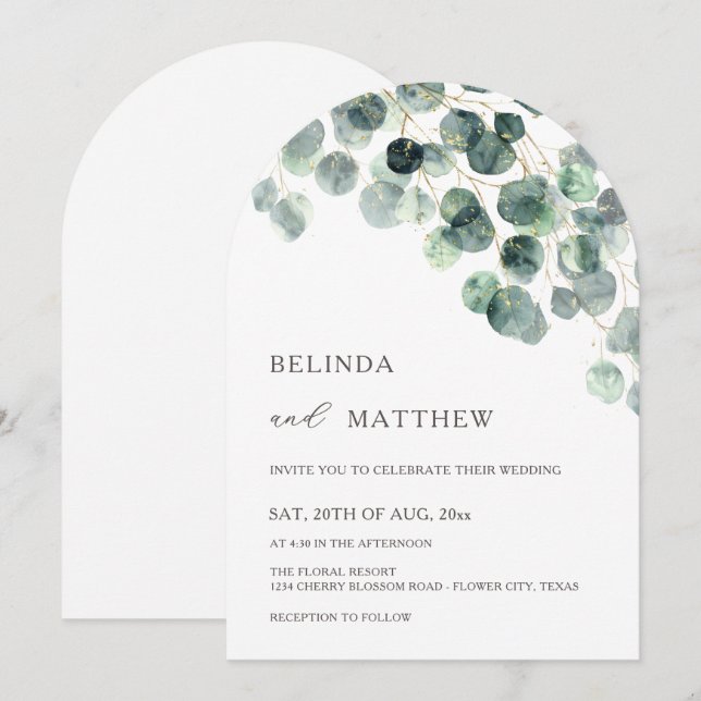 Leaves Greenery Watercolor Flowers Modern Arch Invitation (Front/Back)