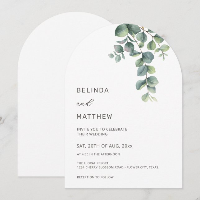 Leaves Greenery Watercolor Flowers Modern Arch Invitation (Front/Back)