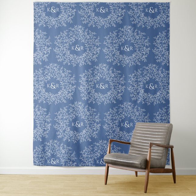 Leaves hand drawn monogram blue wedding backdrop (In Situ)
