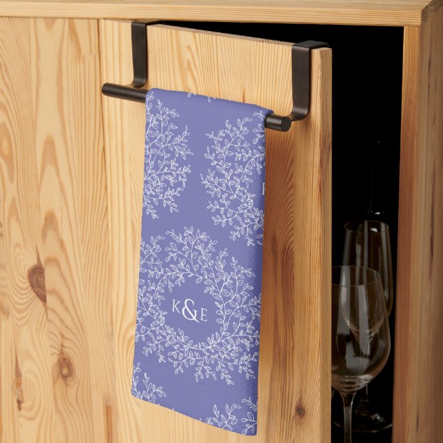 Leaves hand drawn monogram blue wedding kitchen towel (Thirds Fold)