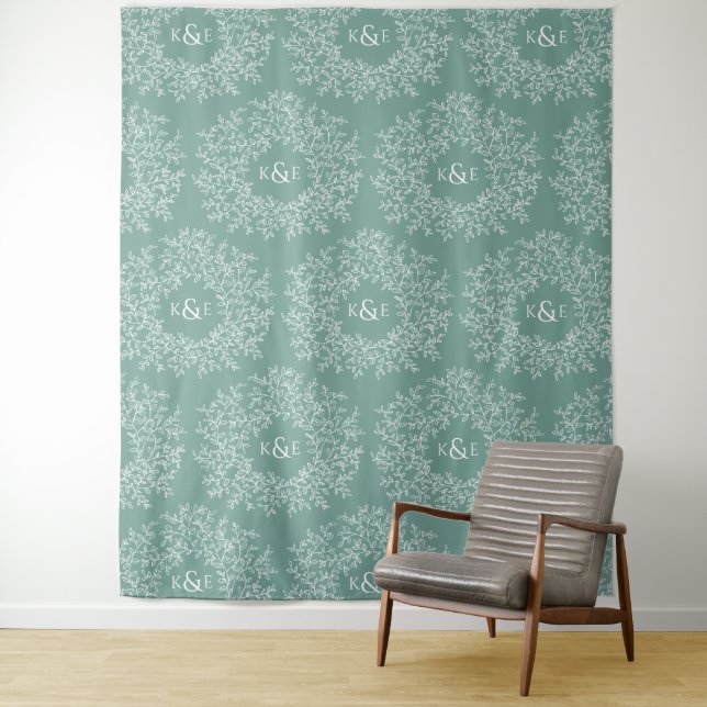 Leaves hand drawn monogram green wedding backdrop (In Situ)
