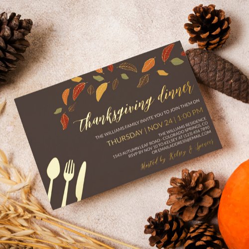 Leaves In the Wind Thanksgiving Dinner Foil Invitation