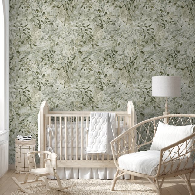 Leaves magical pastel green nursery wallpaper  (Kids)