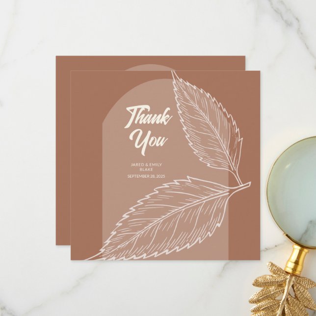 Leaves Mocha Wedding Thank You Cards (Front/Back In Situ)