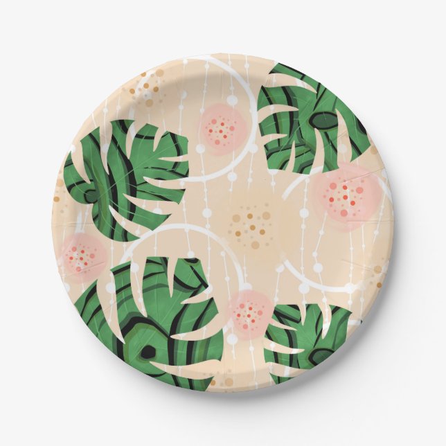 leaves ,monsters , pink, green, tropical, palm paper plates (Front)