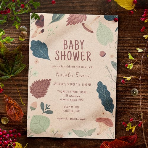 Leaves  Mushrooms  Rustic Fall Baby Shower Invitation